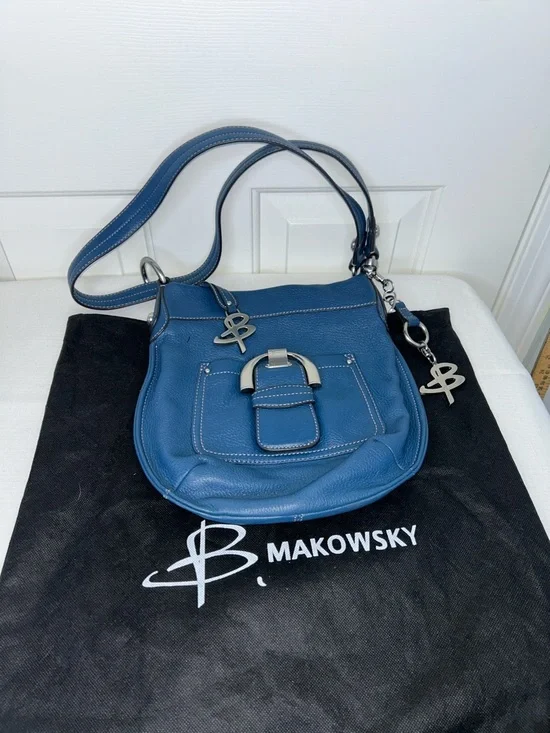B. Makowsky Blue Pebbled Leather Crossbody with Silver Bag charm & Dust Bag EUC - Picture 17 of 17